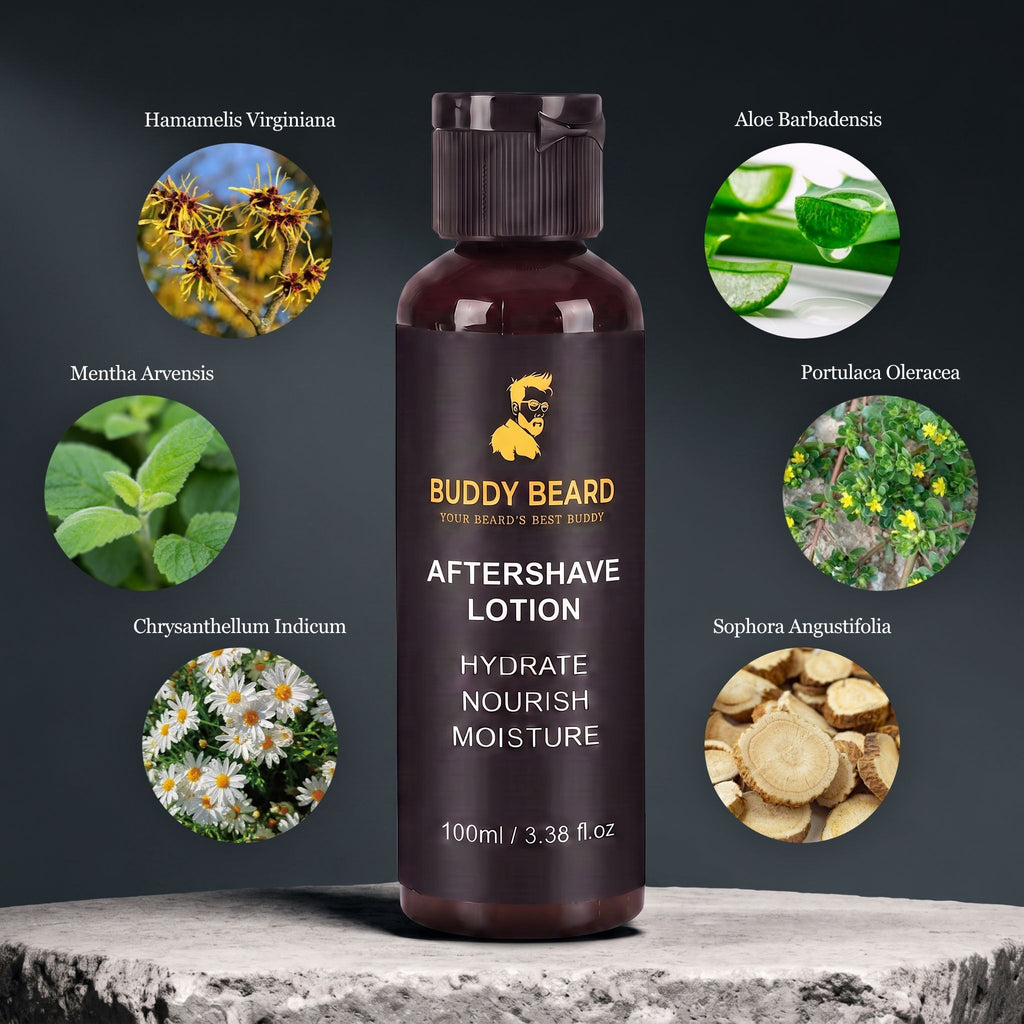 A bottle of Buddy Beard Aftershave Lotion stands on a stone surface against a dark gray background, surrounded by circular ingredient callouts for Hamamelis Virginiana, Aloe Barbadensis, Mentha Arvensis, Chrysanthellum Indicum, Portulaca Oleracea, and Sophora Angustifolia.