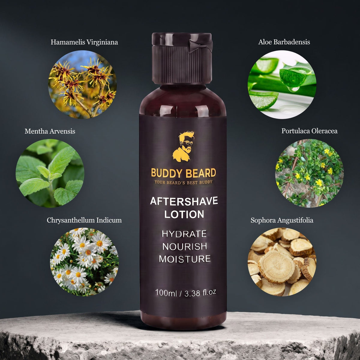 A bottle of Buddy Beard Aftershave Lotion stands on a stone surface against a dark gray background, surrounded by circular ingredient callouts for Hamamelis Virginiana, Aloe Barbadensis, Mentha Arvensis, Chrysanthellum Indicum, Portulaca Oleracea, and Sophora Angustifolia.