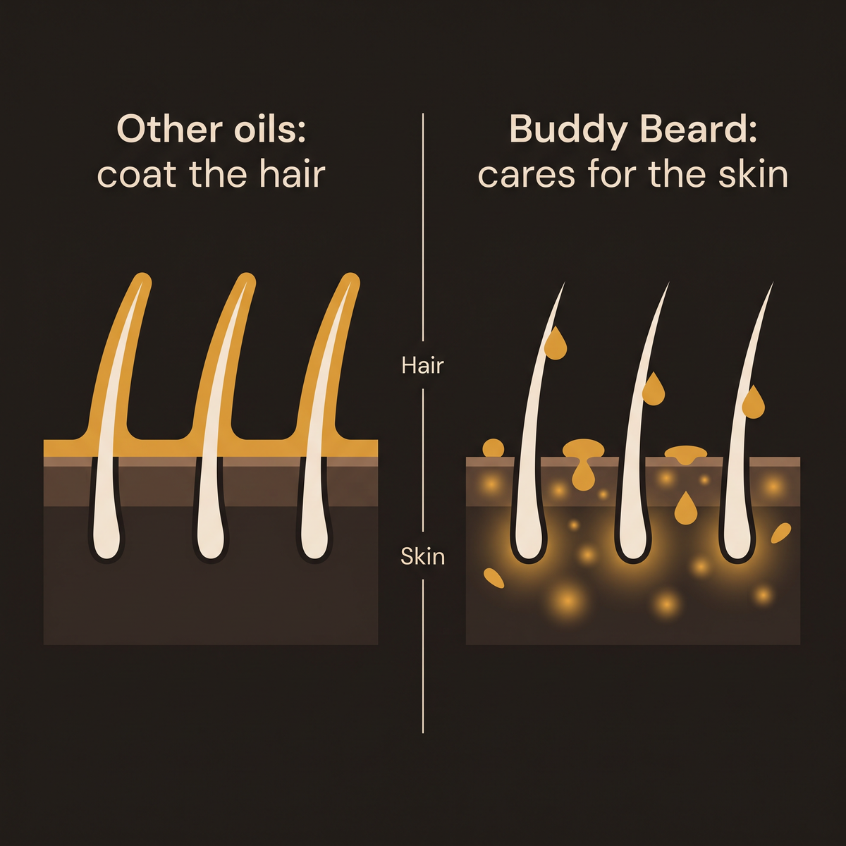 Illustration comparing regular beard oil coating the hair with Buddy Beard caring for the skin underneath.