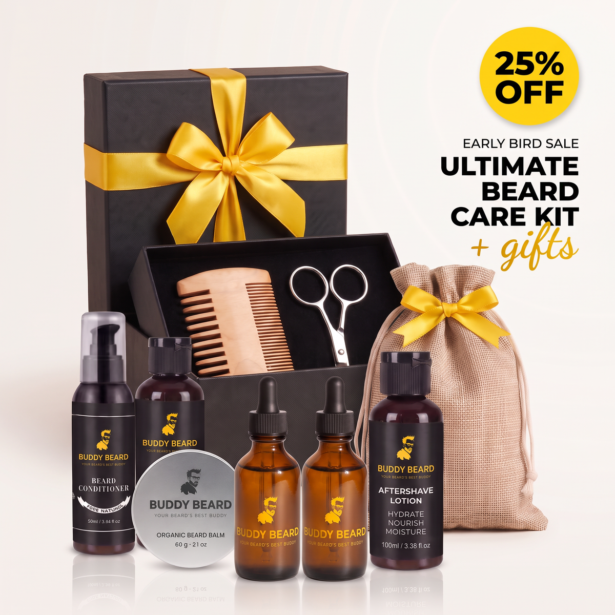 Ultimate Beard Care Kit gift set featuring a black presentation box with a gold ribbon, an open box with a wooden comb and scissors, four Buddy Beard bottles, a round balm tin, and a beige drawstring pouch with a gold ribbon, set against a white background with a 25% off sale badge.