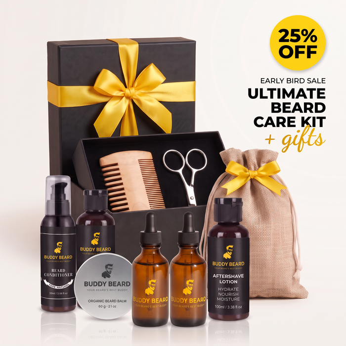 Ultimate Beard Care Kit gift set featuring a black presentation box with a gold ribbon, an open box with a wooden comb and scissors, four Buddy Beard bottles, a round balm tin, and a beige drawstring pouch with a gold ribbon, set against a white background with a 25% off sale badge.